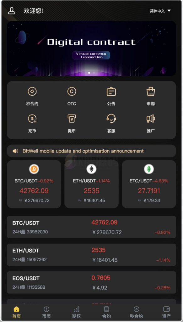 BitWell多语言交易所/15国语言交易所/OTC+永续合约+期权交易+币币交易+秒合约交易+申购+矿机+风控+代理渠道商-欧鹿源码_免费源码分享网